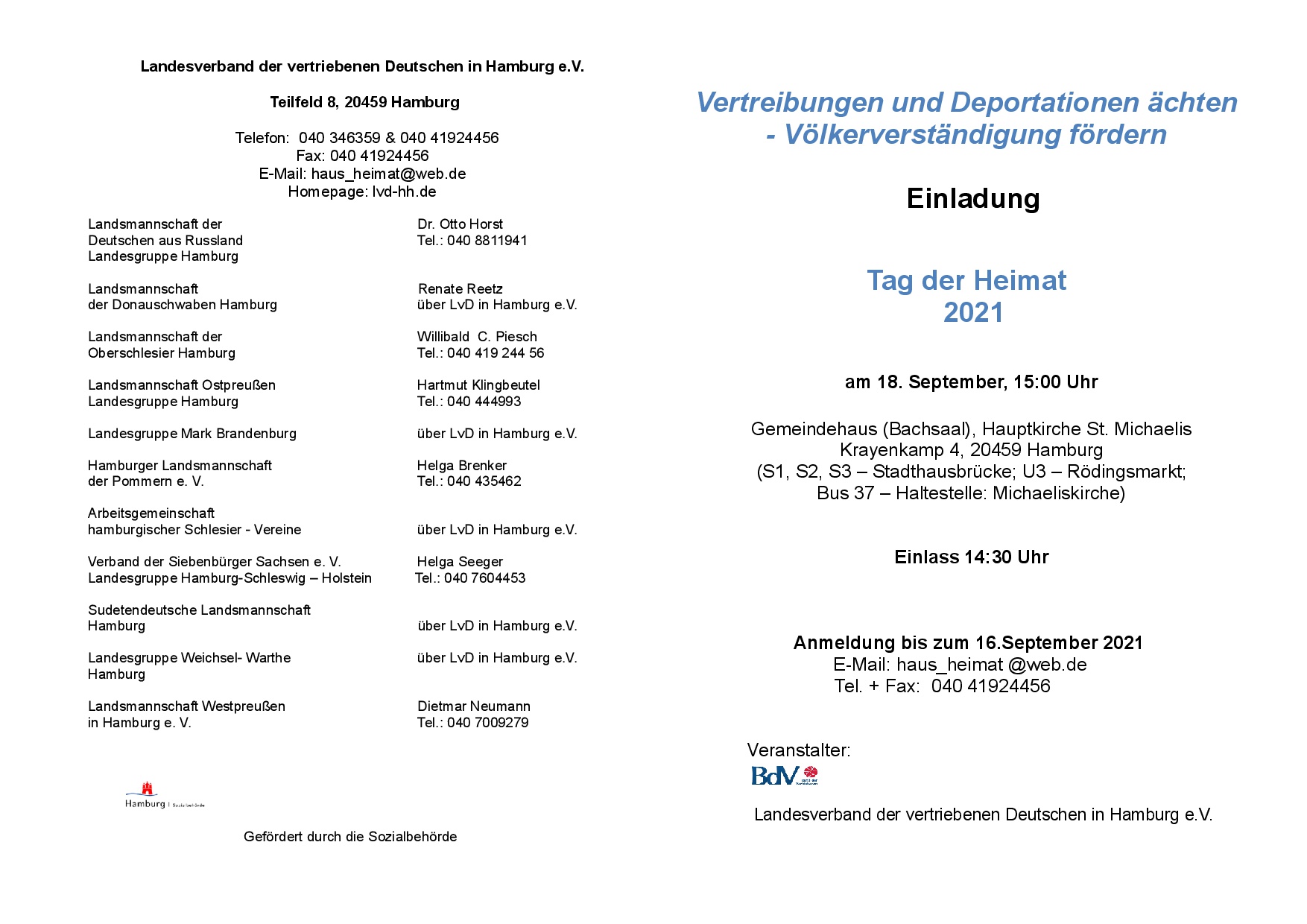Einladung zum Tag der Heimat am 18.9.2021